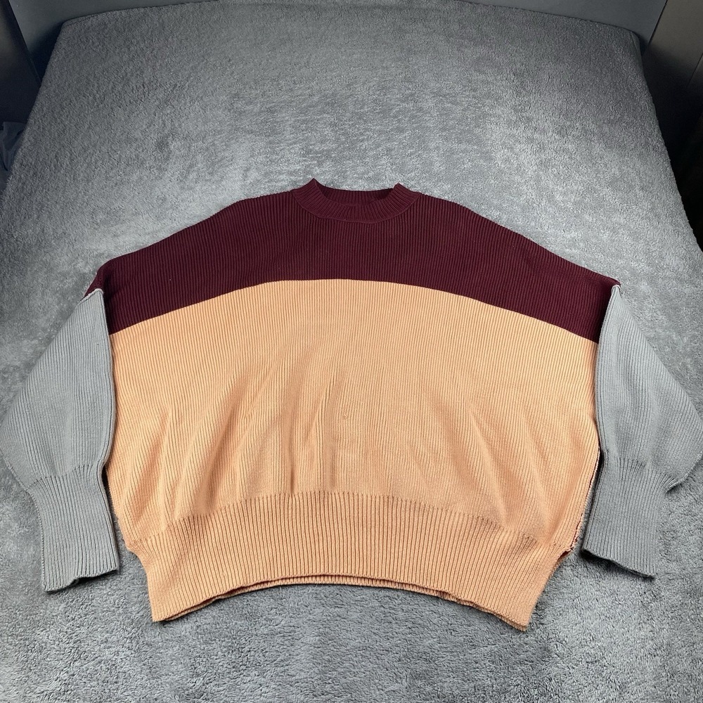 Free People Oversized Color Block Crew Neck Sweater Womens XS Red Peach Gray